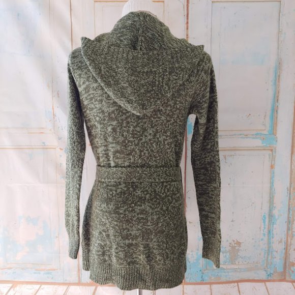 Derek Heart long sleeve hooded  knit cardigan duster sweater w tie/M/green - Picture 3 of 11